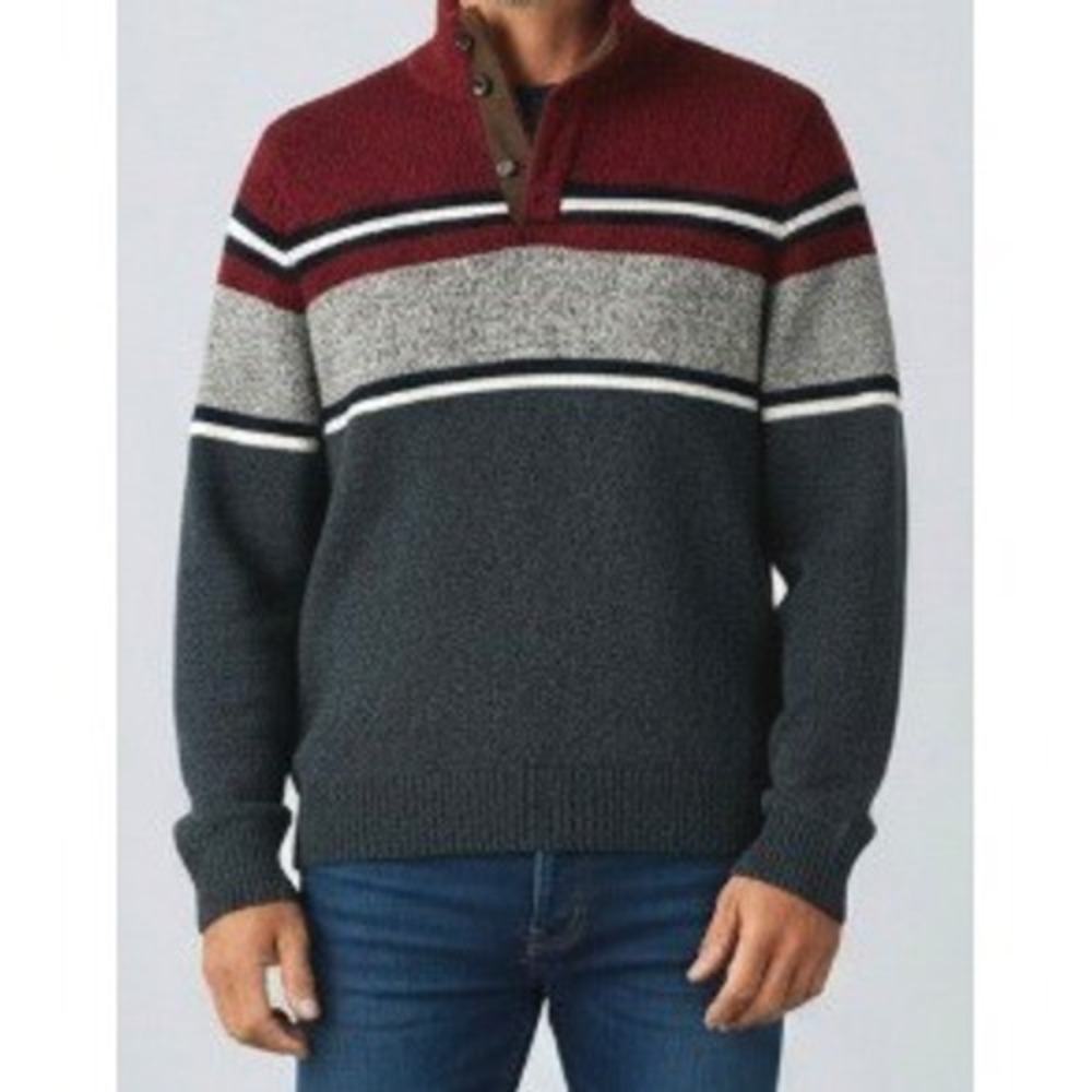 Chaps Mens‎ L Quarter Button Mock Neck Sweater Red Gray Colorblock Cotton